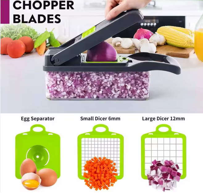 Coupeur d'aliments de cuisine multifonctionnel Coupeur de fruits, hachoir à légumes avec récipient pour couper l'oignon, la carotte et l'ail